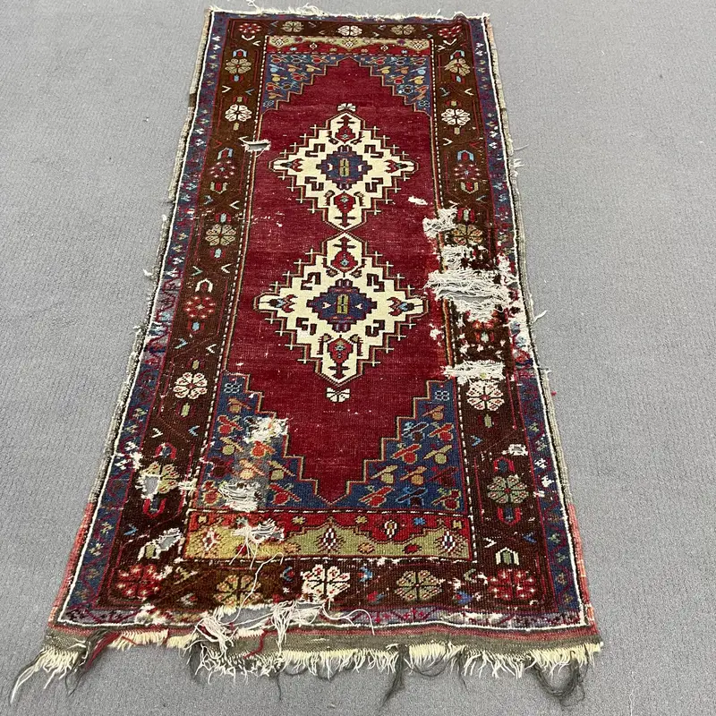 Vintage Rug, 3x6.3 ft Accent Rug, Red Blue Oushak Wool Rug - 1