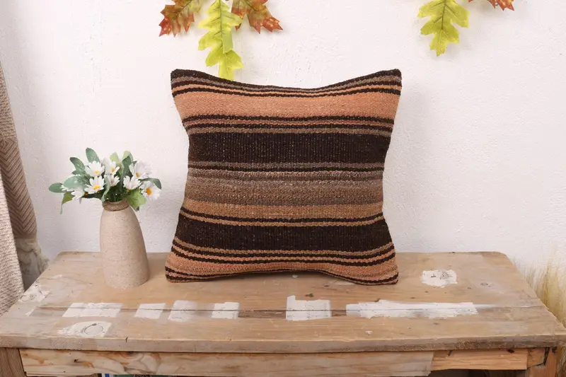 Braun & Orange gestreiftes Kissen, handgemachtes Boho Kissen