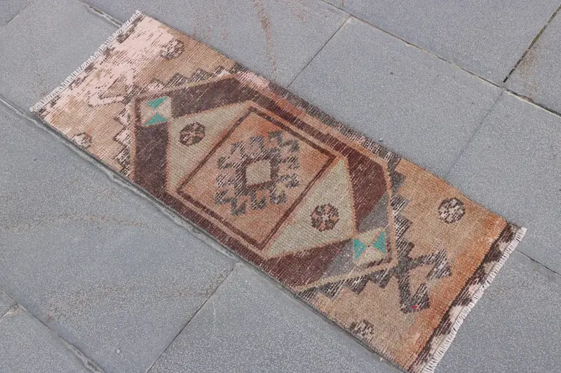 Vintage Turkish Rug, 1.1x3.1 ft Oushak Rug, Brown Blue Ombré Wool Rug - 1