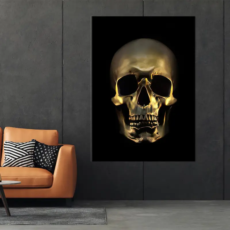 Arte de pared de lienzo de calavera, decoración de arte de lona dorada, decoración de arte loft, cueva de hombre, regalo para él, lienzo moderno, arte de decoración del hogar, decoración de lienzo arte de pared - 1