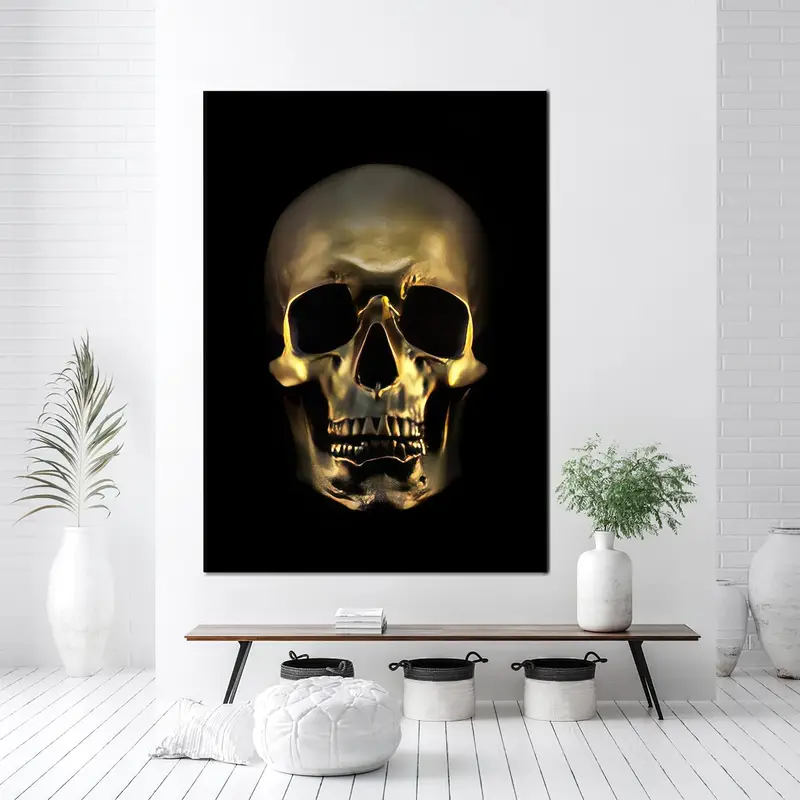Arte de pared de lienzo de calavera, decoración de arte de lona dorada, decoración de arte loft, cueva de hombre, regalo para él, lienzo moderno, arte de decoración del hogar, decoración de lienzo arte de pared - 4