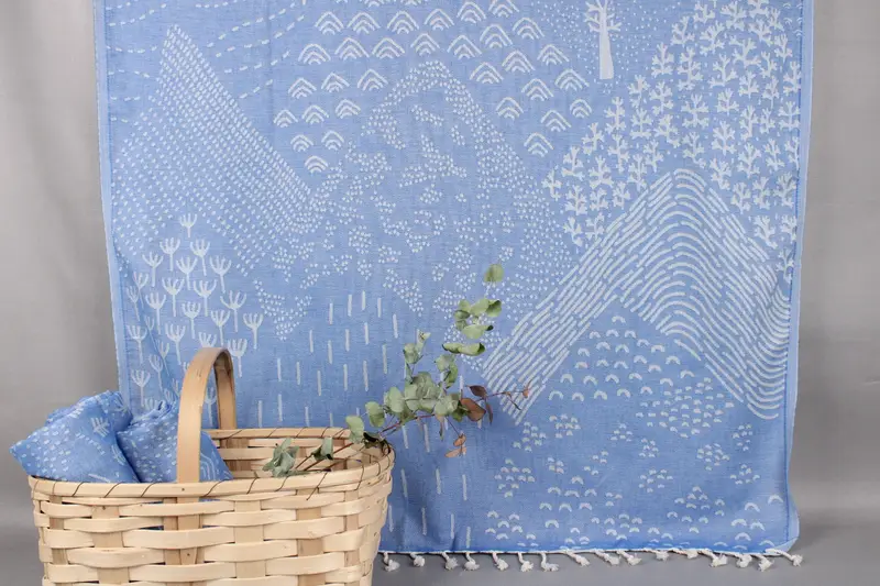 Organic Beach Towel Blue Patterned, 40x71 Inches, Handmade Turkish Cotton
