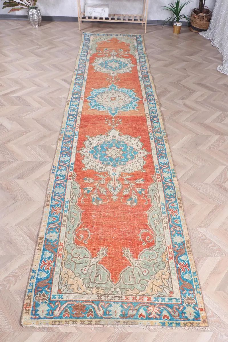 Handmade 0.3x1.1 ft Rug, Southwestern Red & Blue