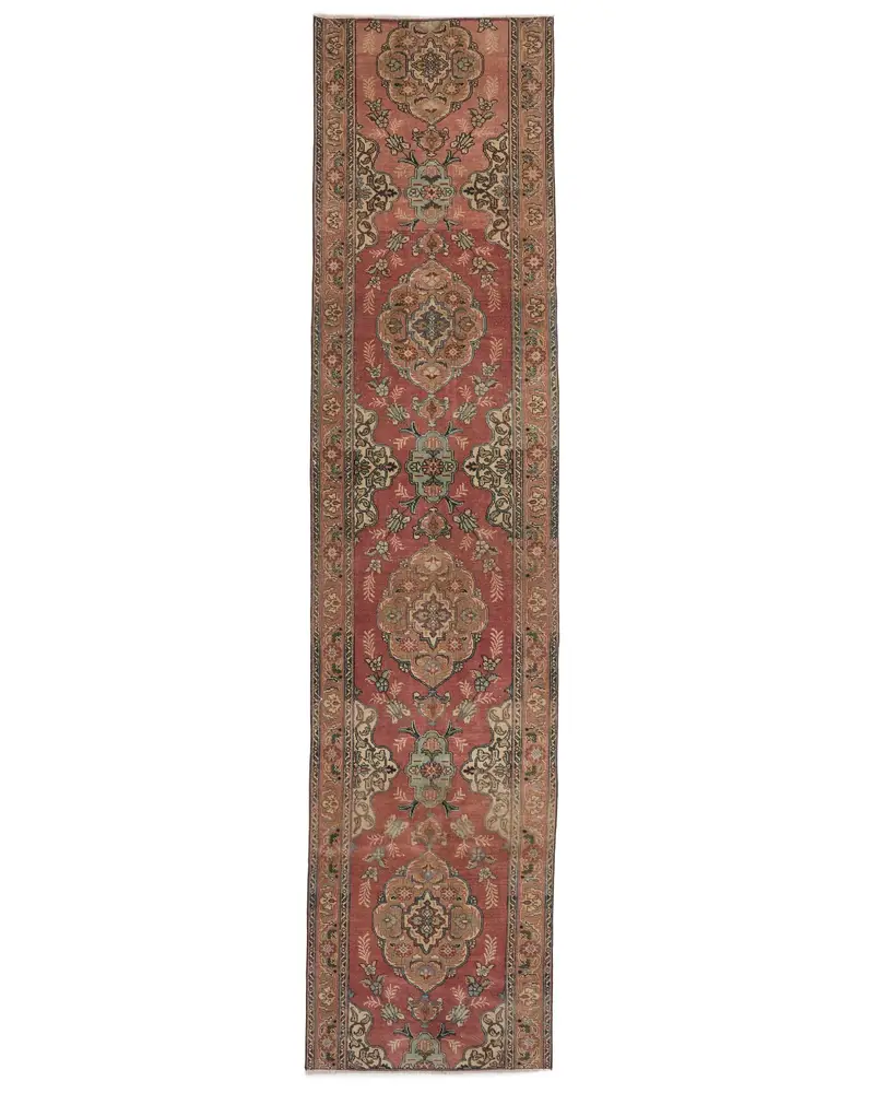 レッドモロッコラグ、2.9x12.6フィート、ブルーアクセント付き