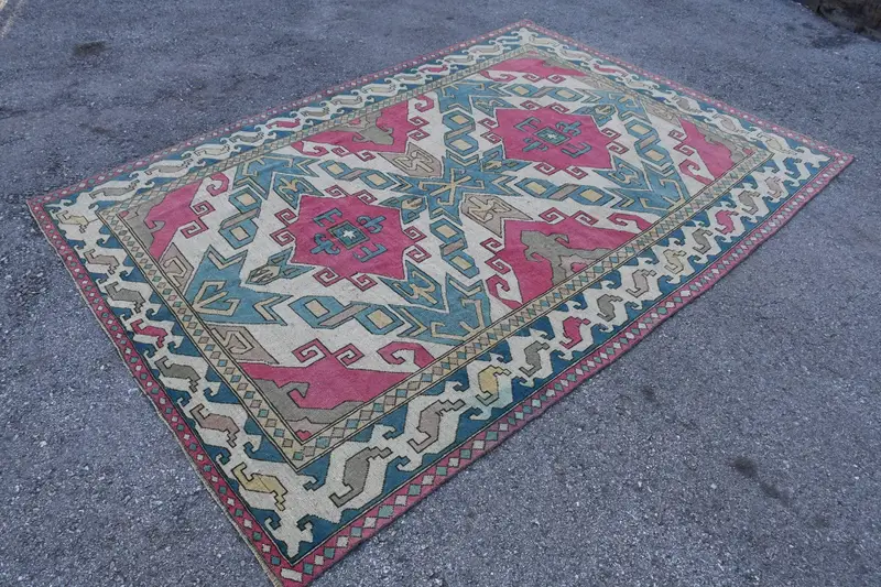 6.4x9 ft Vintage Halı, Oushak Halı, Mavi Ikat Halı Yün - 1