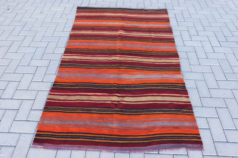 3.9x6.6 ft Turkish Vintage Rug, Area Rug, Kilim Red Wool Rug - 1
