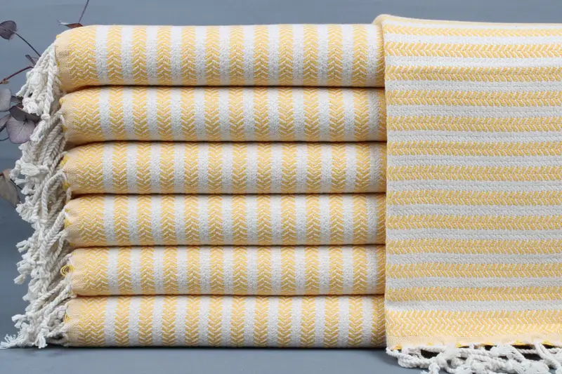 Turkish Towel Dark Yellow Chevron, 18x40 Inches, Beige, Organic Turkish Cotton