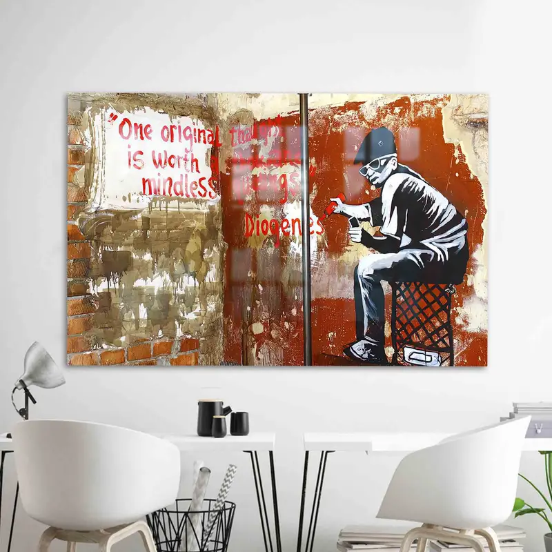 エレガントなプリントガラス: モダンなデザインのバンクシー少年のアートワーク
