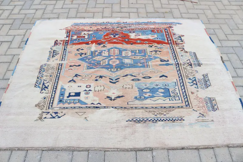 6.2x4.9 ft Vintage Halı, Türk Alan Halısı, Mavi Kırmızı Puantiyeli Halı - 1