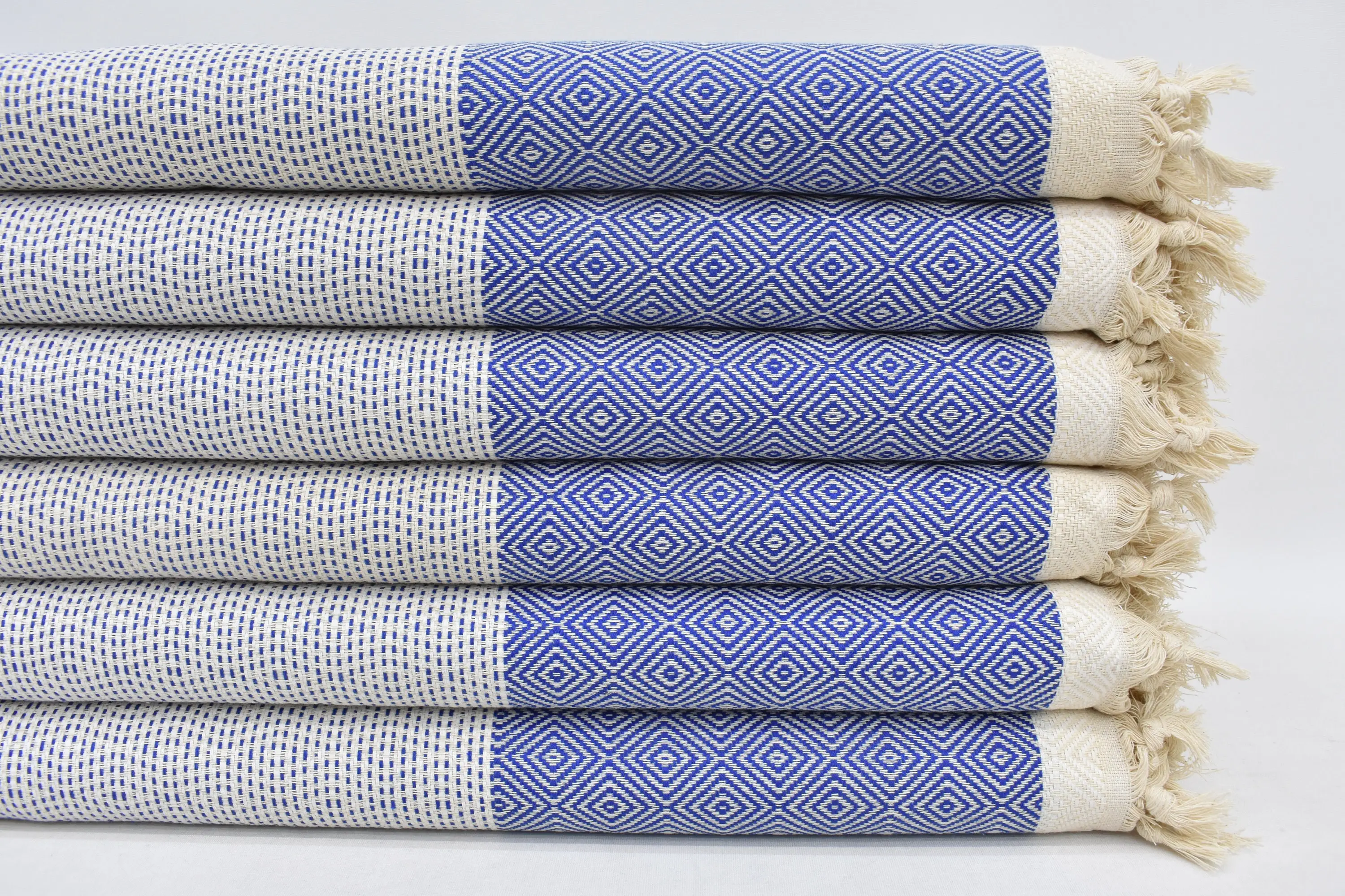 Turkish Blanket Sax Blue Diamond Plaid, Organic Cotton, 103x79 Inches - 1