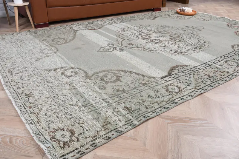 Türk 6x9.7 ft Büyük Halı, Vintage Halı, Oushak Gri Patchwork Halı - 1