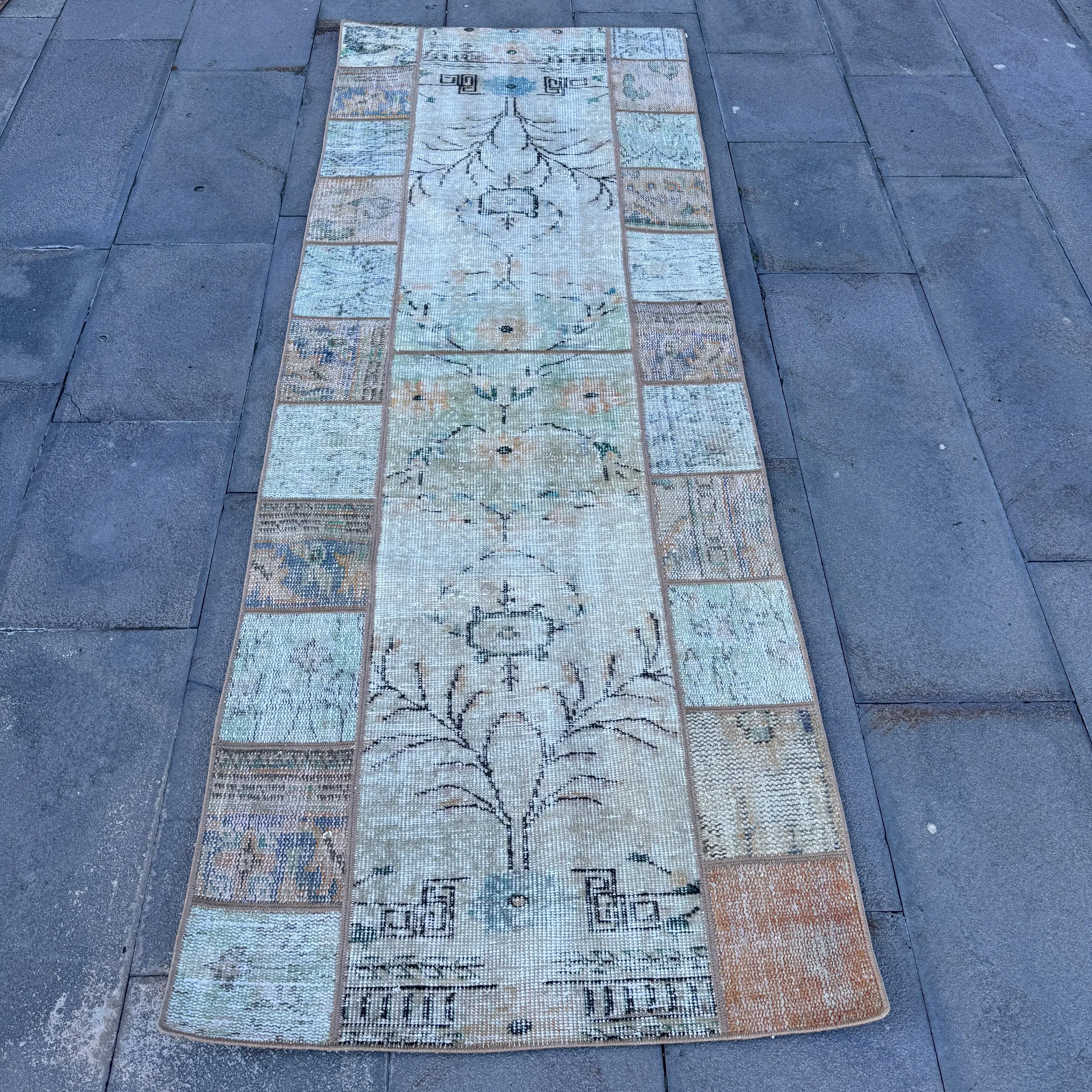 Turkish Runner Rug 2.6x7.2 ft (79x218 cm), Blue Floral Vintage Rug - 1