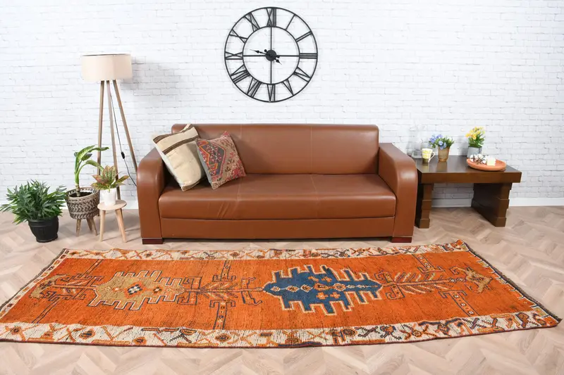3.4x9.7 ft Turkish Rug, Vintage Runner Rug, Orange Blue Animal Print Wool Rug - 1