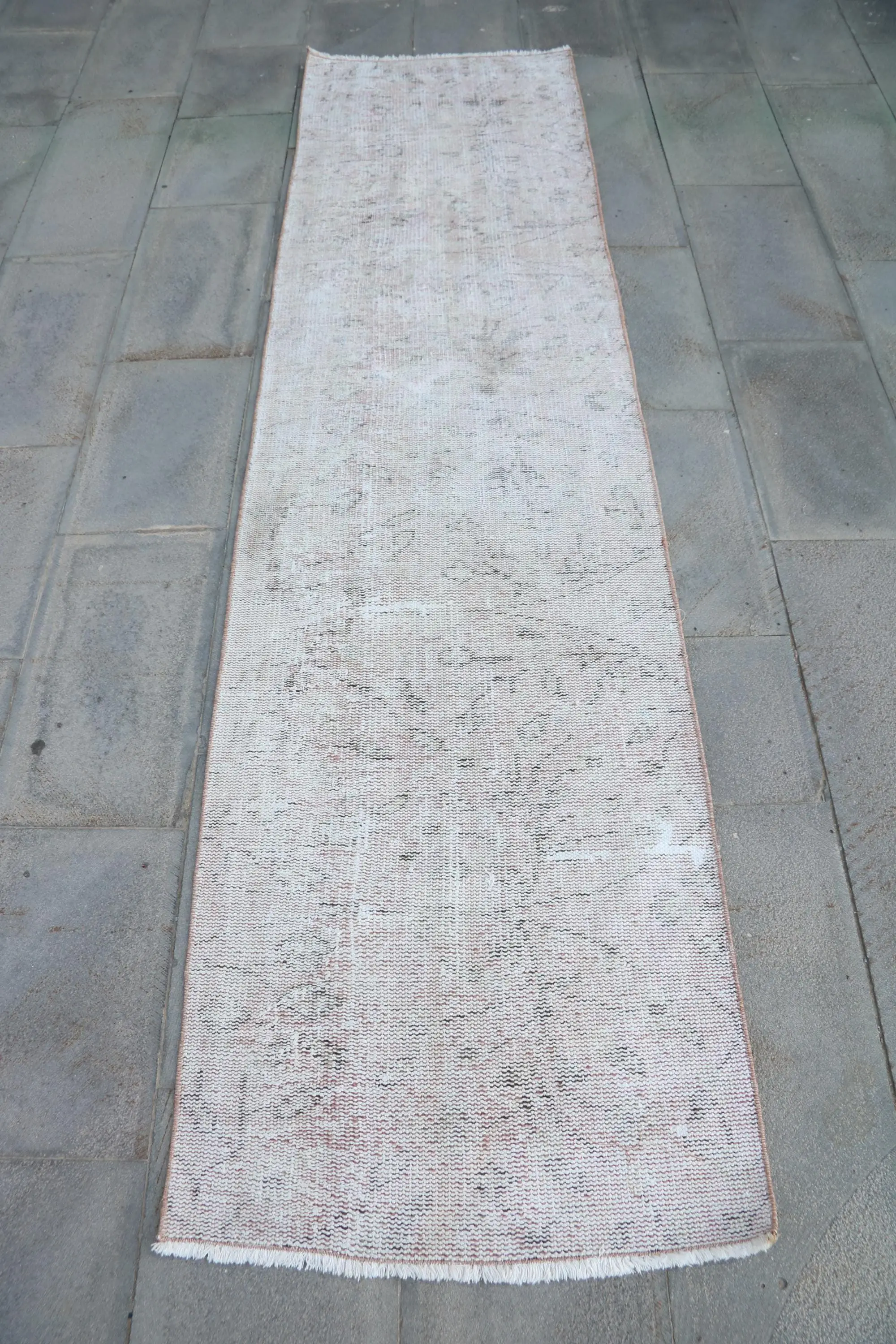 Vintage Turkish Runner Rug 2.3x9.1 ft, White Floral Rug Wool - 1