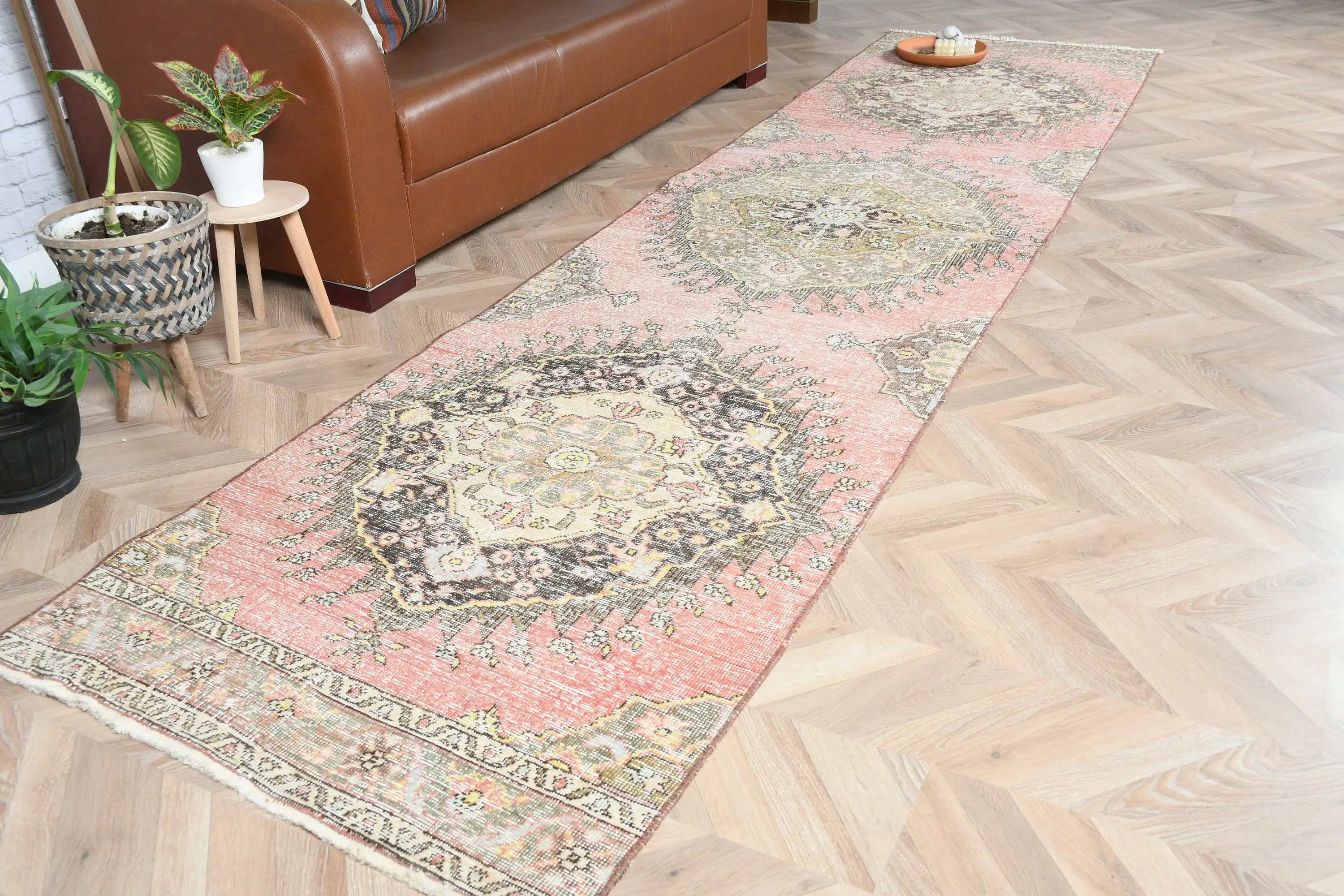 3x12.68 ft Halı, Runner Vintage Halı, Kırmızı Çizgili Halı - 1