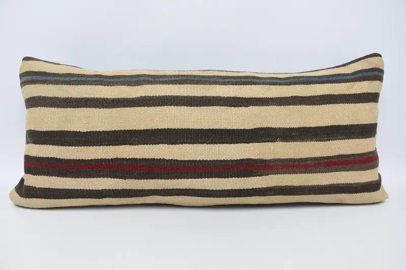 Striped Turkish Gift Pillow, Beige 16x36 inch Wool Cushion - 1