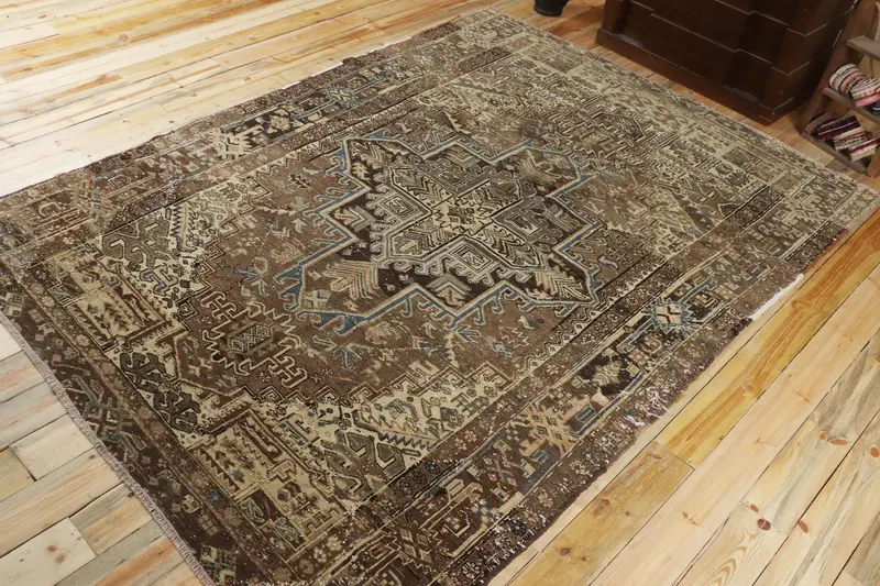 6.9x9.8 ft Vintage Halı, Türk Büyük Halı, Kahverengi Mavi Güneybatı Yün Halı - 1