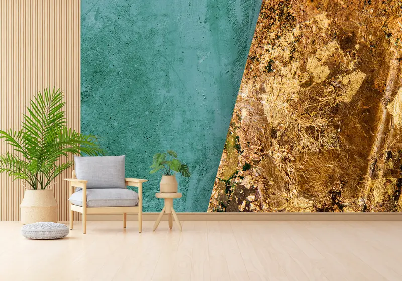 エレガントなグリーン プラスター ゴールド テクスチャ プリント壁紙
