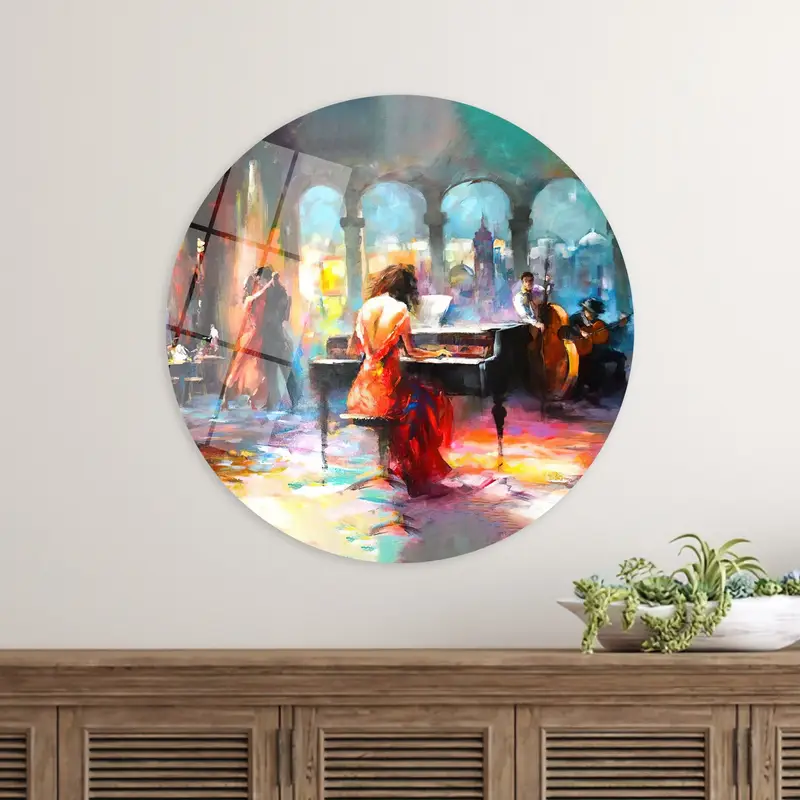 Vibrant Canvas: Pianist Woman in Romantic Abstract Music Scene
