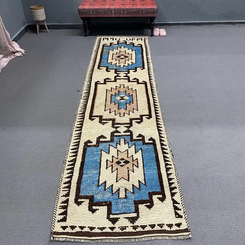 2.7x11.2 ft Turkish Rug, Vintage Runner Rug, Blue Brown Floral Rug - 1