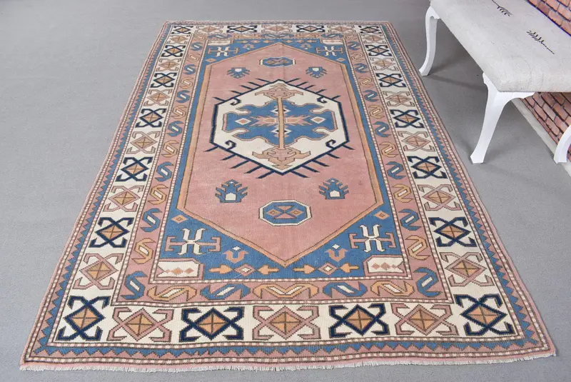 Rosa und blauer Patchwork-Teppich, 1,5 x 2,4 m, schickes Dekor