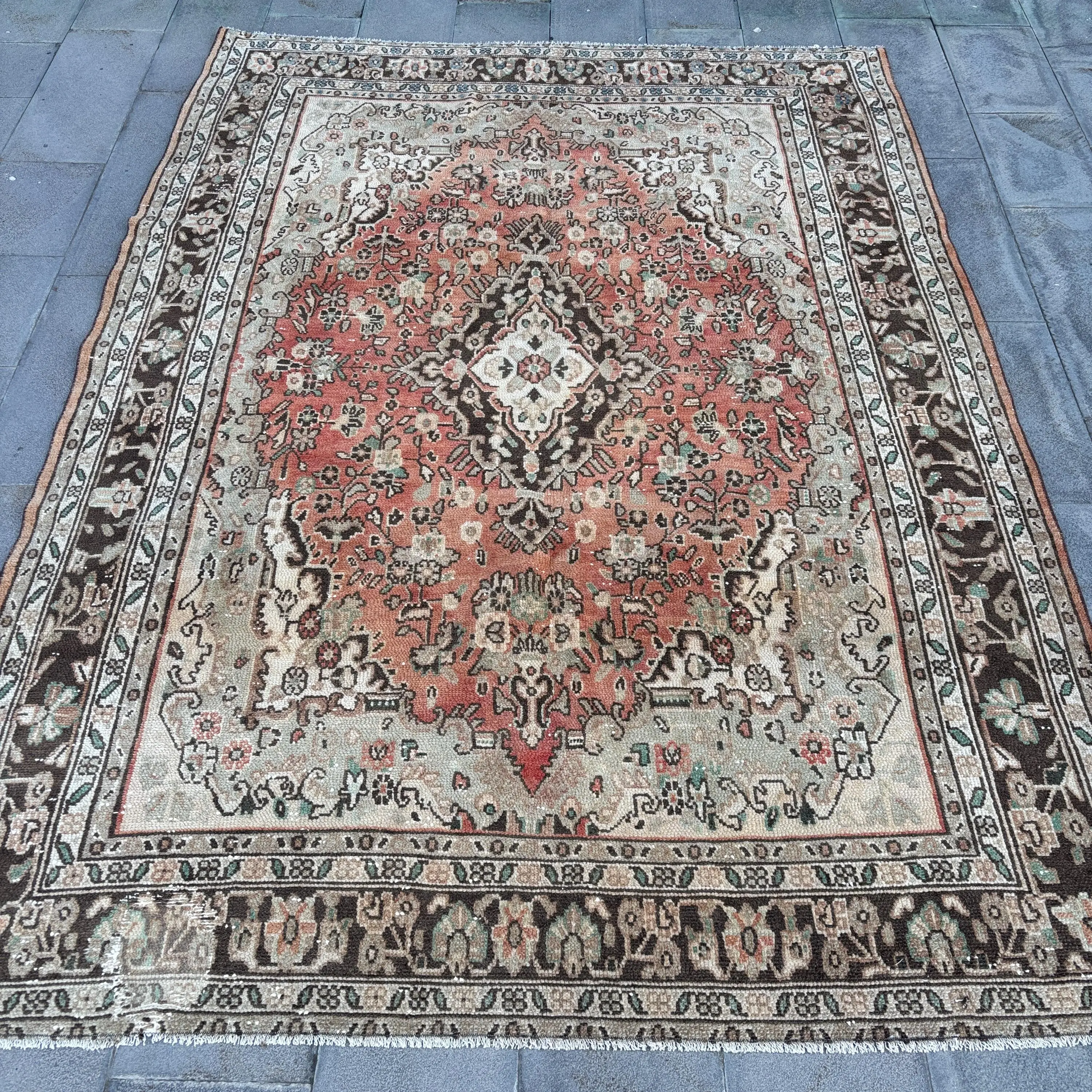 Turkish Vintage Rug 7x9.4 ft (212x286 cm), Red Brown Moroccan Rug - 1