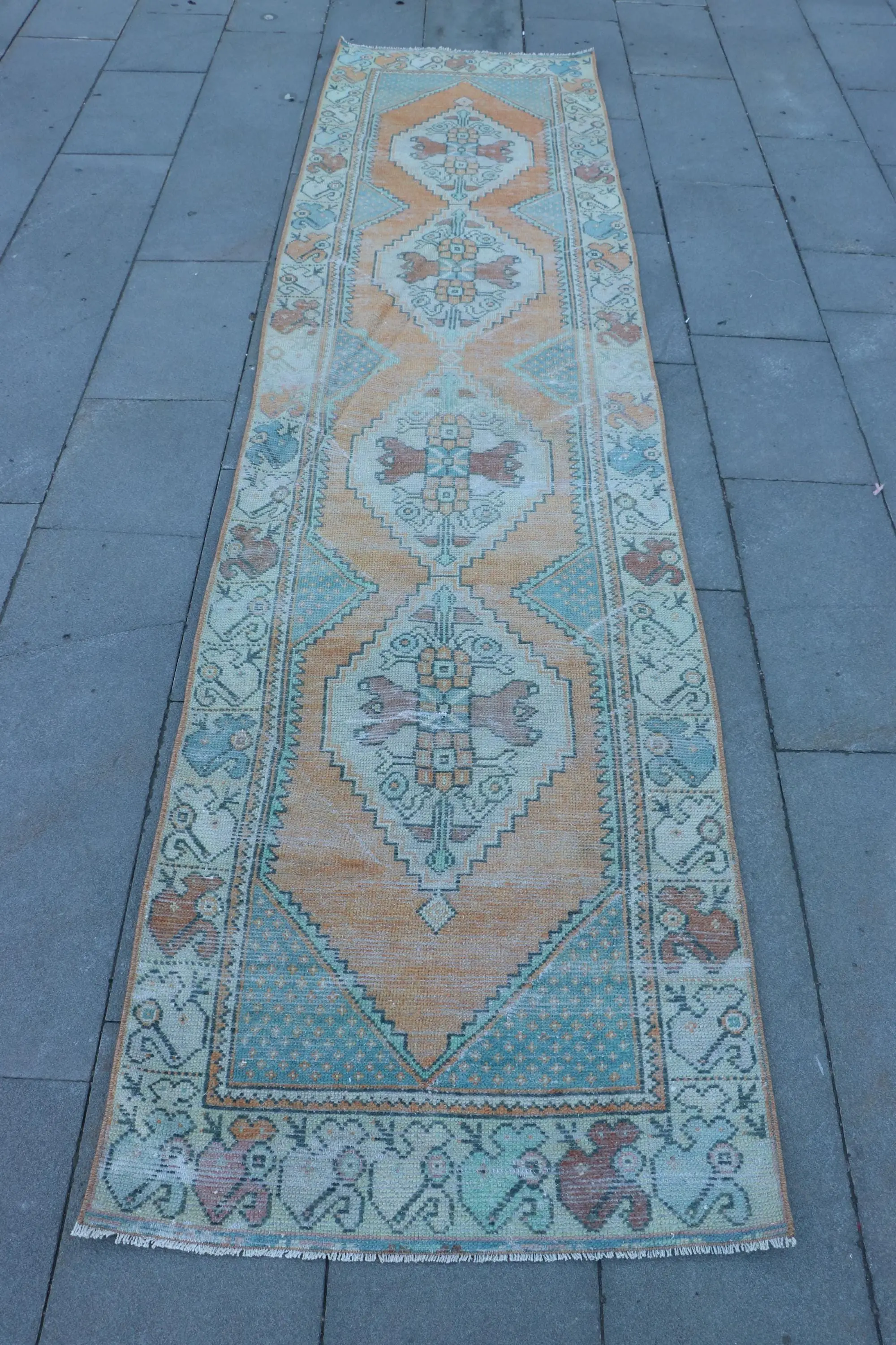 Vintage Runner Rug 2.6x10.4 ft (80x316 cm), Orange Plants & trees Turkish Rug - 1