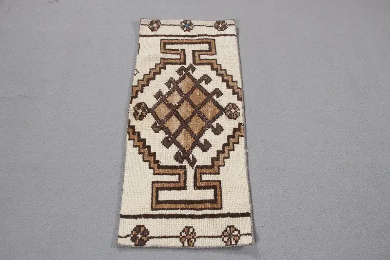 Türk 1.5x3.4 ft Halı, Oushak Vintage Halı, Kahverengi Patchwork Yün Halı - 1