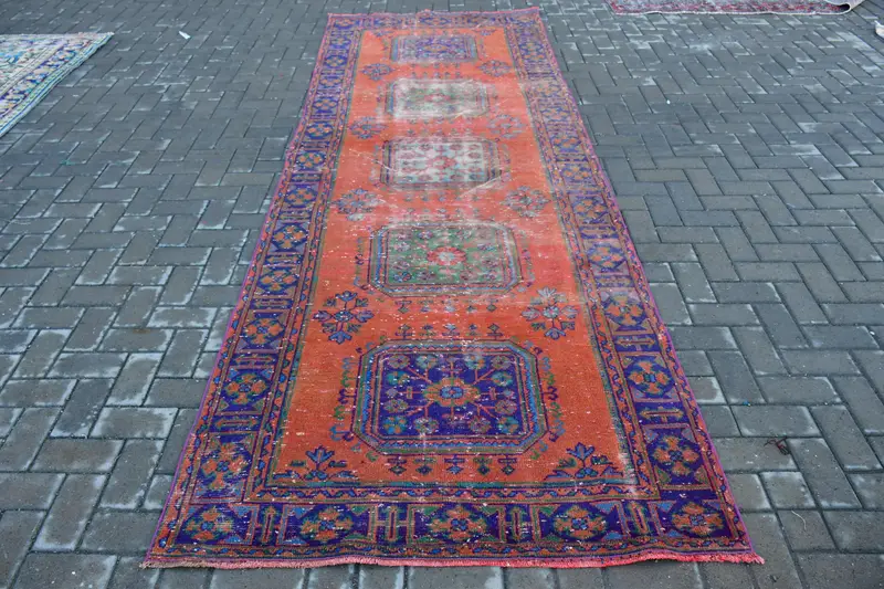 Türkischer Teppich, 4,2x11,8 ft Läuferteppich, rot-blauer Oushak-Wollteppich - 1