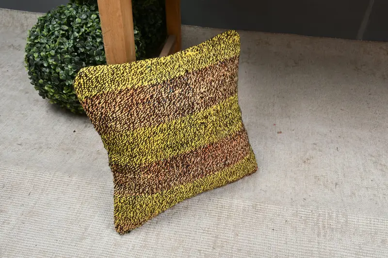 Cushion Case, 12x12 Yellow Cushion, Turkish Bench Pillow, Turkish Kilim Pillow, Boho Pillow Sham Cover, Kilim Cushion Sham - 7