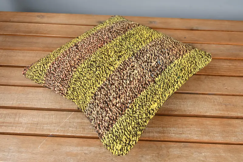 Cushion Case, 12x12 Yellow Cushion, Turkish Bench Pillow, Turkish Kilim Pillow, Boho Pillow Sham Cover, Kilim Cushion Sham - 2