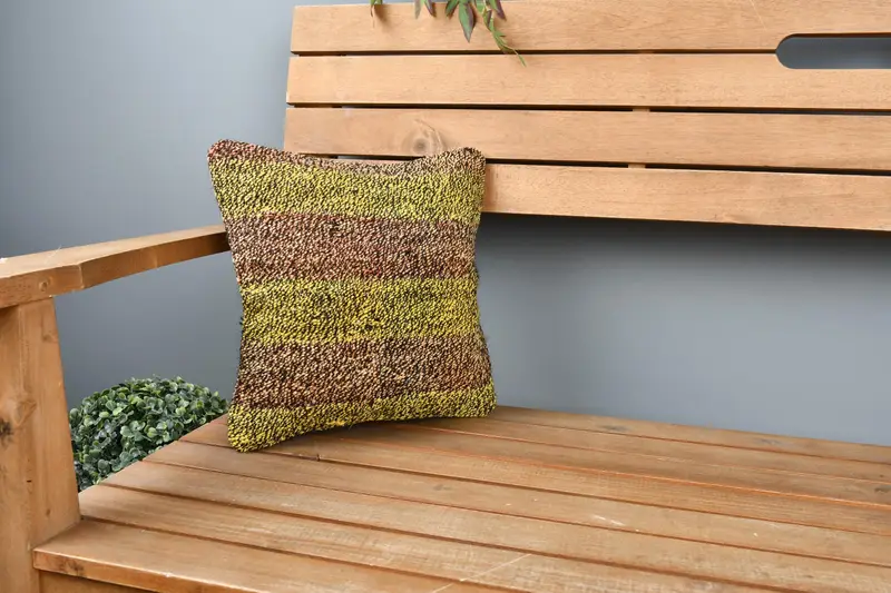 Cushion Case, 12x12 Yellow Cushion, Turkish Bench Pillow, Turkish Kilim Pillow, Boho Pillow Sham Cover, Kilim Cushion Sham - 1
