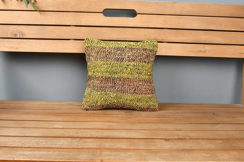 Cushion Case, 12x12 Yellow Cushion, Turkish Bench Pillow, Turkish Kilim Pillow, Boho Pillow Sham Cover, Kilim Cushion Sham - 6