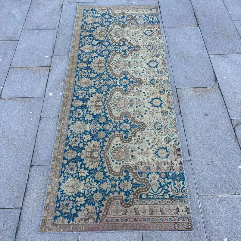 Turkish 2.4x6.4 ft Rug, Runner Vintage Rug, Blue Southwestern Wool Rug - 1