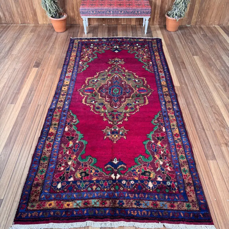 Turkish Vintage Rug 5.1x10.3 ft (155x315 cm), Oushak Red Blue Striped Rug - 1