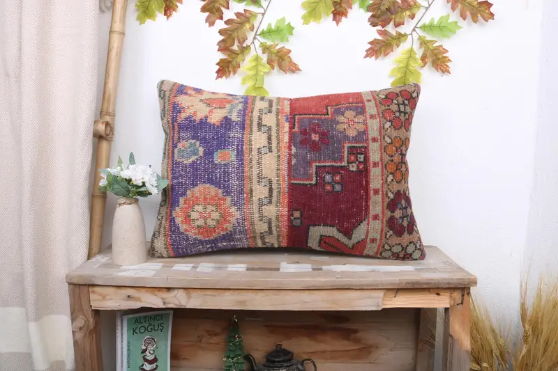 Mavi Kırmızı Patchwork Kırlent, 16x24 El Yapımı Kırlent