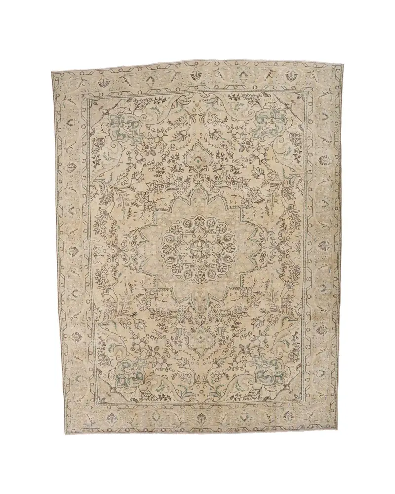 Zarif Bej ve Mavi İran Halısı, 9,6x12,2 ft Şık Dekor