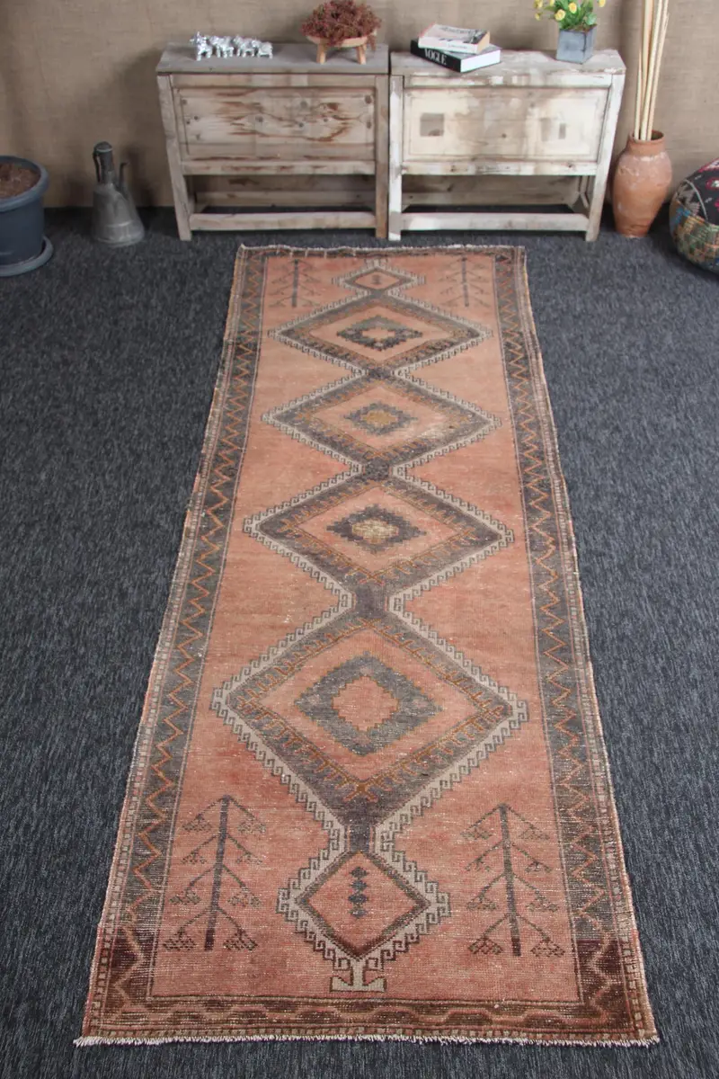 3.37x9.5 ft Turkish Small Rug, Orange Gray Vintage Geometric Wool Rug - 1