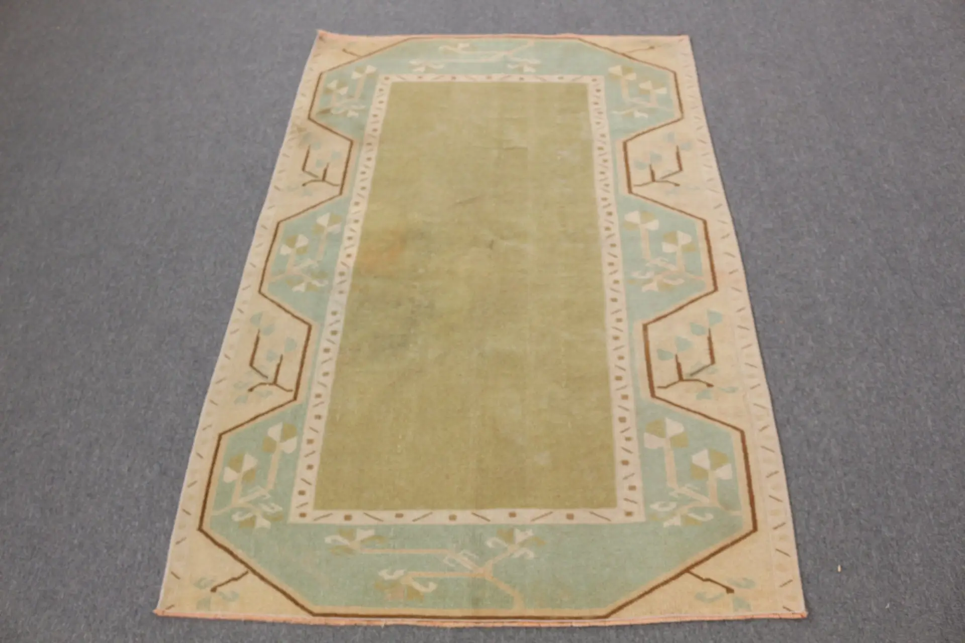 3.5x5.2 ft Rug, Vintage Rug, Turkish Green Wool Plants & trees Rug - 1