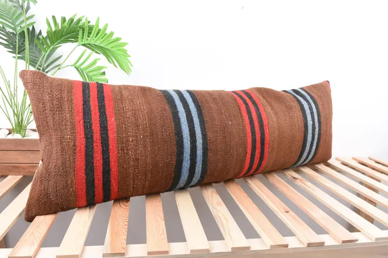 Boho yastık sahte kapak, yastık örtüsü, 16x48 kahverengi yastık, boho atma yastık sham, boho yastık, kanepe için yastık, el yapımı halı koltuğu yastık kapağı - 4