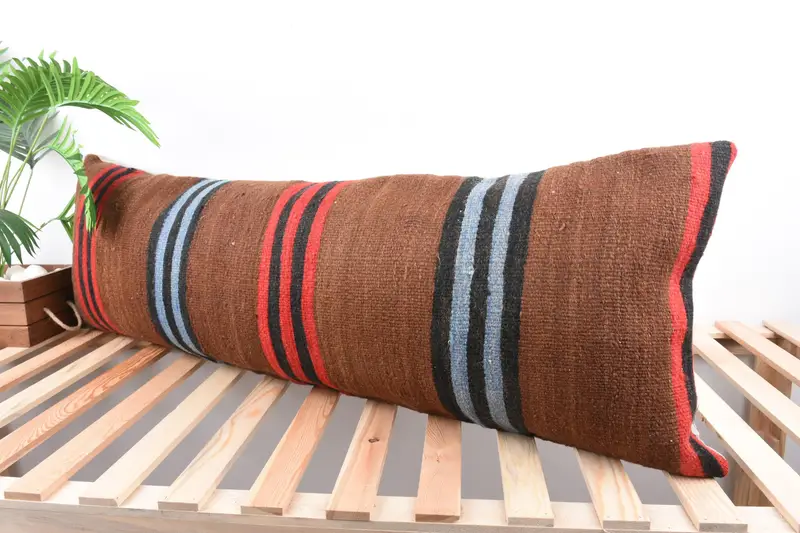 Boho yastık sahte kapak, yastık örtüsü, 16x48 kahverengi yastık, boho atma yastık sham, boho yastık, kanepe için yastık, el yapımı halı koltuğu yastık kapağı - 5