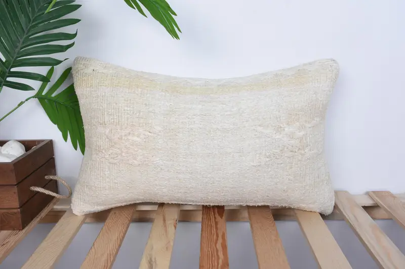 Natural Pillow Sham, Kilim Pillow Cover, Cushion, 12x20 White Pillow, Vintage Kilim Throw Pillow, Boho Throw Pillow, Handmade Kilim Cushion - 1