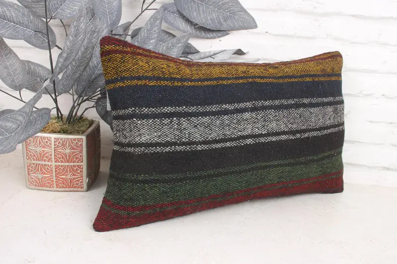 Turkish Kilim Pillow, Retro Throw Pillow, 12x20 Brown Pillow Case, Vintage Pillow, Nautical Throw Cushion, Cushion Case, Antique Pillows - 3