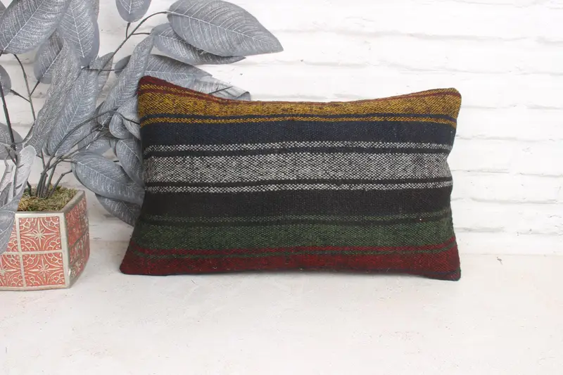 Turkish Kilim Pillow, Retro Throw Pillow, 12x20 Brown Pillow Case, Vintage Pillow, Nautical Throw Cushion, Cushion Case, Antique Pillows - 1
