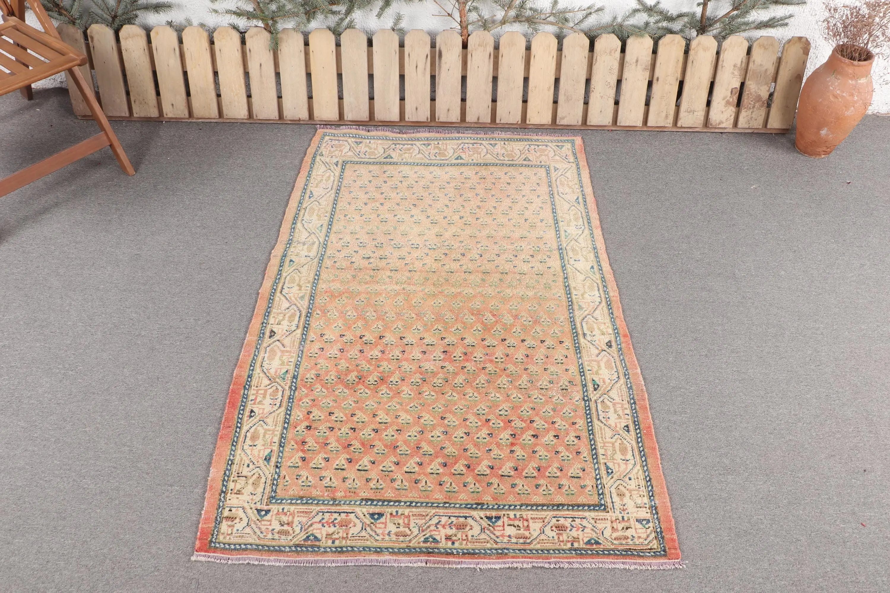 Alfombra turca vintage 3,4x5,2 pies, alfombra naranja sólida - 1