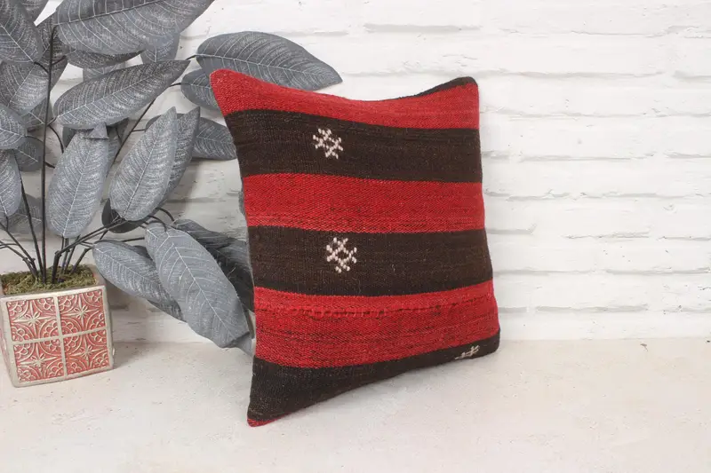 Cushion Cover, 14x14 Red Pillow Cover, Interior Designer Pillow, Kilim Cushion Sham, Kilim Rug Cushion Cover, Handmade Kilim Cushion - 3