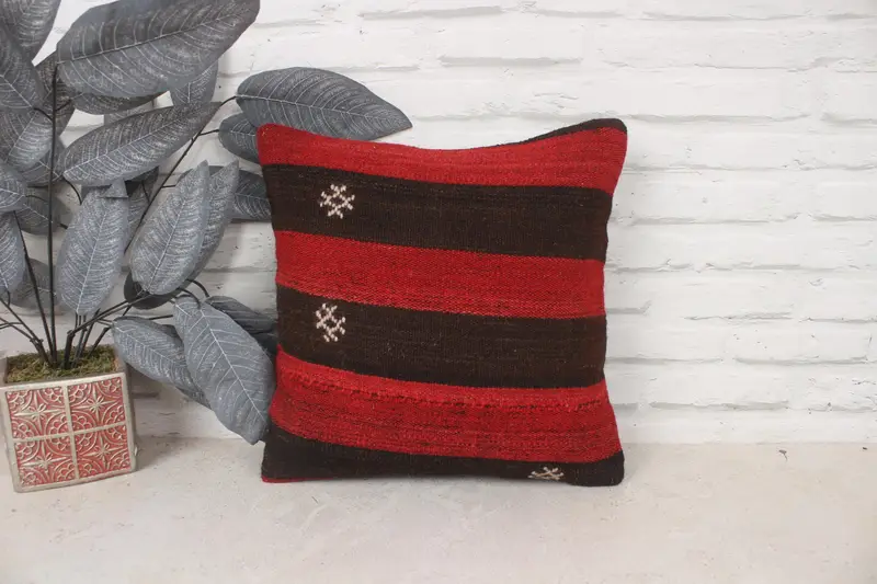 Cushion Cover, 14x14 Red Pillow Cover, Interior Designer Pillow, Kilim Cushion Sham, Kilim Rug Cushion Cover, Handmade Kilim Cushion - 1