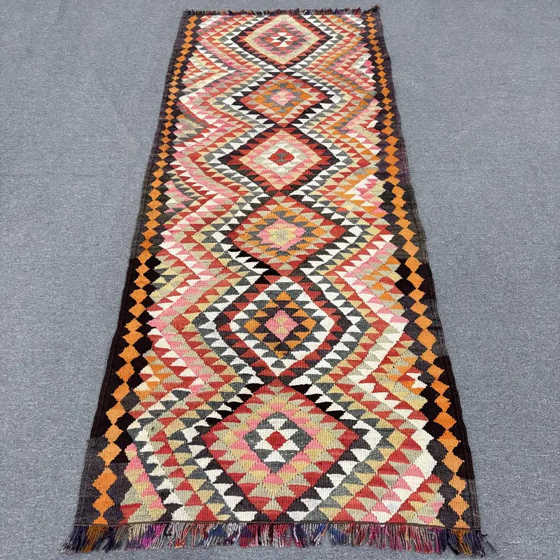 3.2x8 ft Vintage Runner Rug, Turkish Red Polka dot Rug - 1
