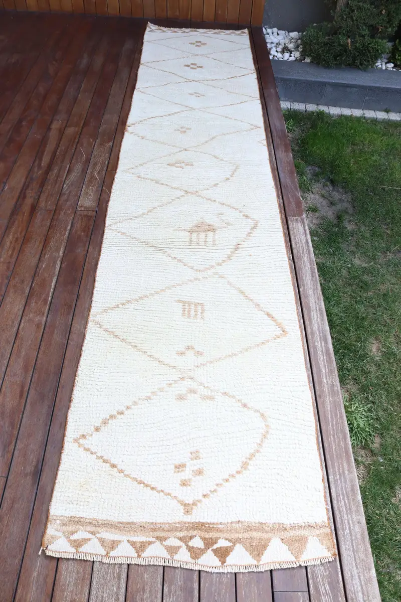 Alfombra Hecha a Mano 8x3,5m Cuadros Blancos y Marrón