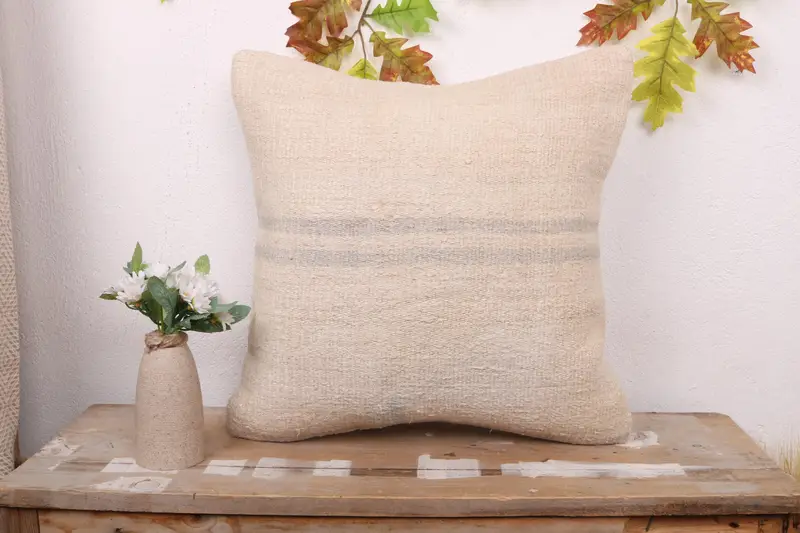 Oriental Cushion Cover, 18x18 Beige Pillow Case, Boho Pillow, Cushion, Decorative Bolster Pillow, Home Decor Pillow, Ethnical Kilim Rug Pillow - 1